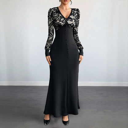 Sexy Retro Lace Splicing Long Sleeve V-neck Dress for Evening and Date