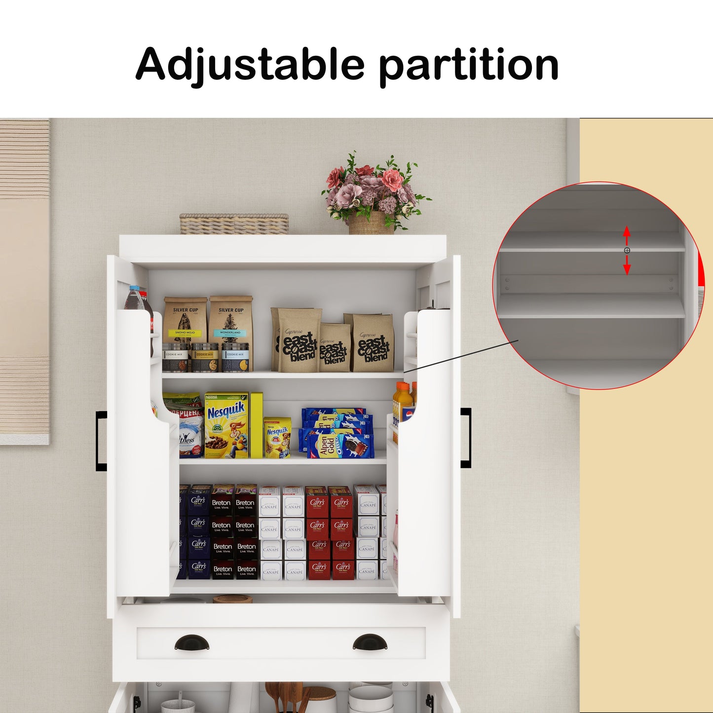 71" Kitchen Pantry Storage Cabinet with 4 Doors(2Doors with Racks)1 Drawer 2 Adjustable Shelves Freestanding Cupboard