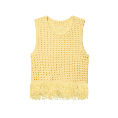 Fashionable Casual Tassel Design Plaid Knitted Top for Women