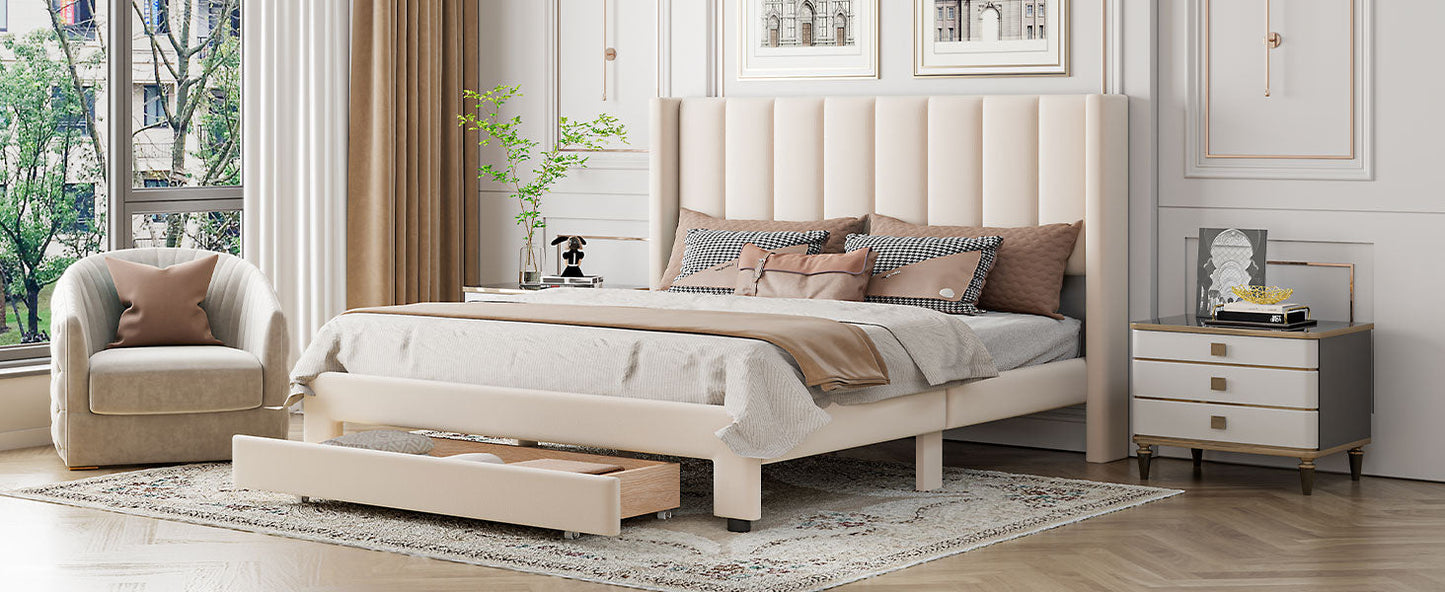 Queen Size Storage Bed Velvet Upholstered Platform Bed with a Big Drawer - Beige