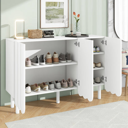 ON-TRANS Cream Style Shoe Cabinet with 5 Adjustable Solid Wood Legs, Large Storage Cabinet with Wave Doors, White