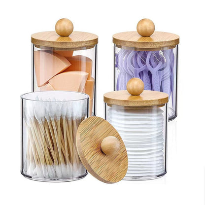 Bamboo cover cotton swab box portable round container cosmetic cotton puff storage box cotton swab makeup remover cotton box