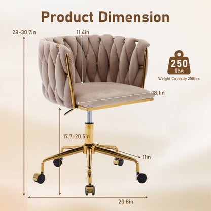 Velvet Vanity Chair with Wheels, Accent Chair Makeup Vanity Chair with Hand Woven Backrest (GRAY)