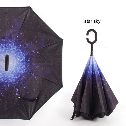 C Handle Windproof Reverse Folding Umbrella Man Women Sun Rain Car Inverted Umbrellas