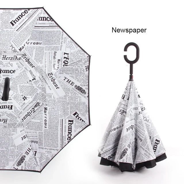 C Handle Windproof Reverse Folding Umbrella Man Women Sun Rain Car Inverted Umbrellas