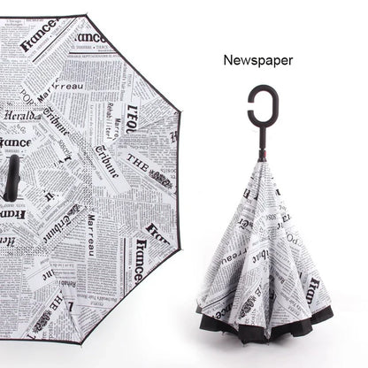C Handle Windproof Reverse Folding Umbrella Man Women Sun Rain Car Inverted Umbrellas