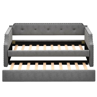 Upholstered Daybed with Trundle, Wood Slat Support,Upholstered Frame Sofa Bed   Twin Gray