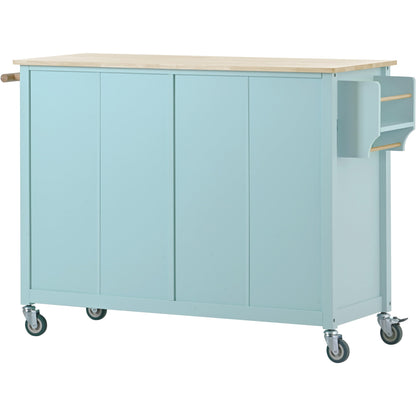 Kitchen Island Cart with 4 Door Cabinet and Two Drawers and 2 Locking Wheels - Solid Wood Top (Mint Green)