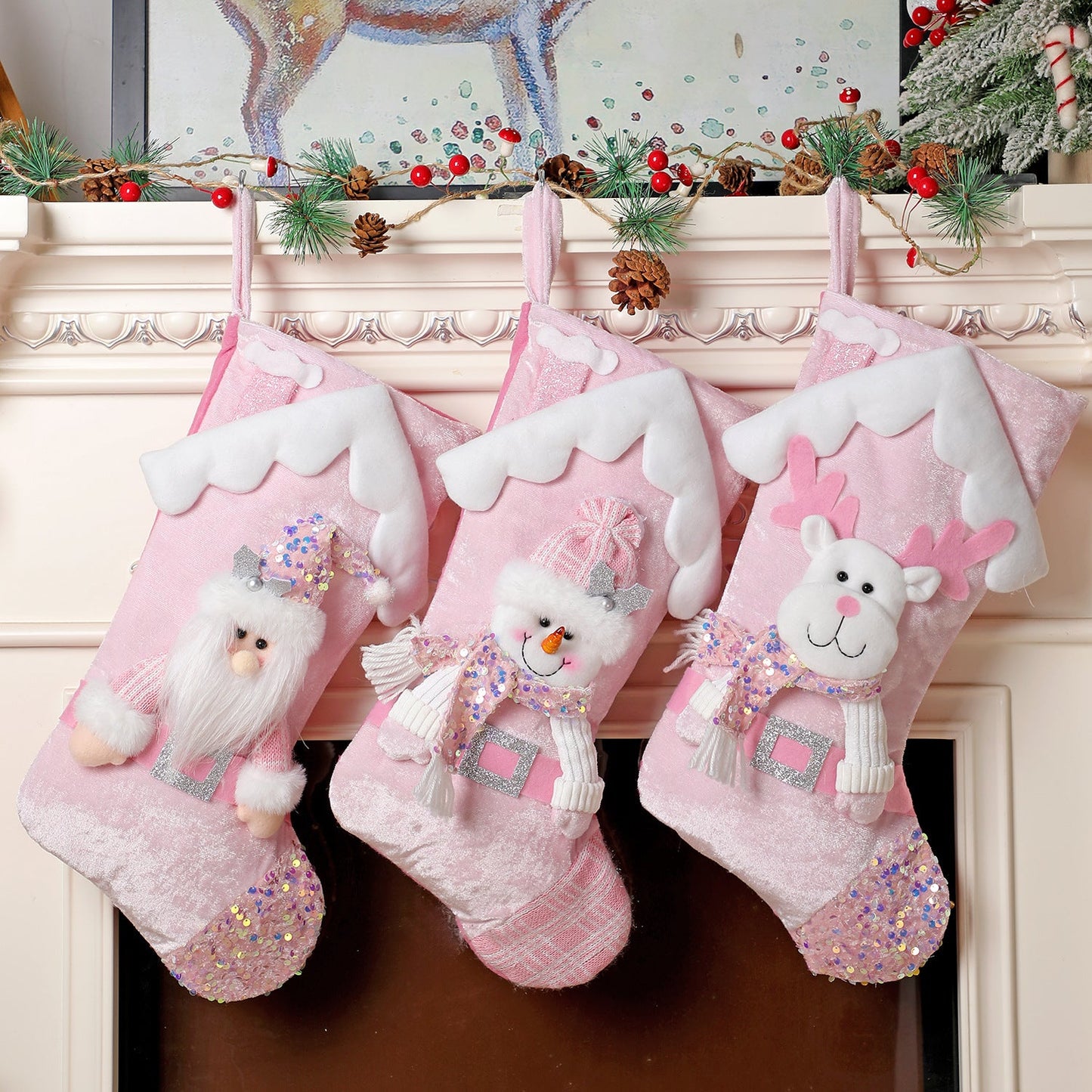 Christmas decoration, pink sequins, children's cartoon roof, Santa Claus, Christmas socks, gifts, decorative items