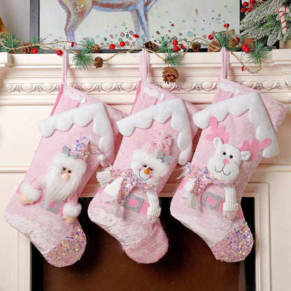 Christmas decoration, pink sequins, children's cartoon roof, Santa Claus, Christmas socks, gifts, decorative items