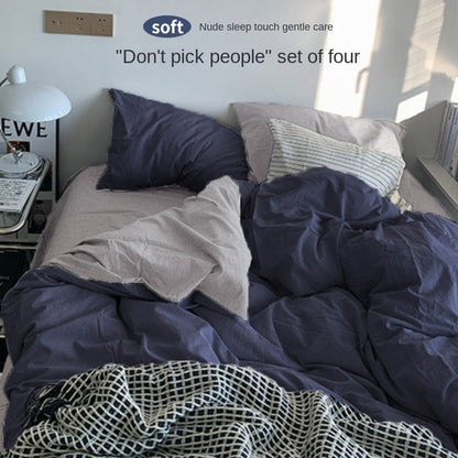 Solid Color Simple Four-Piece Set Flannel Quilt Cover INS Style Quilt Cover Dormitory Summer Washed Cotton Bedding Three-Piece Set