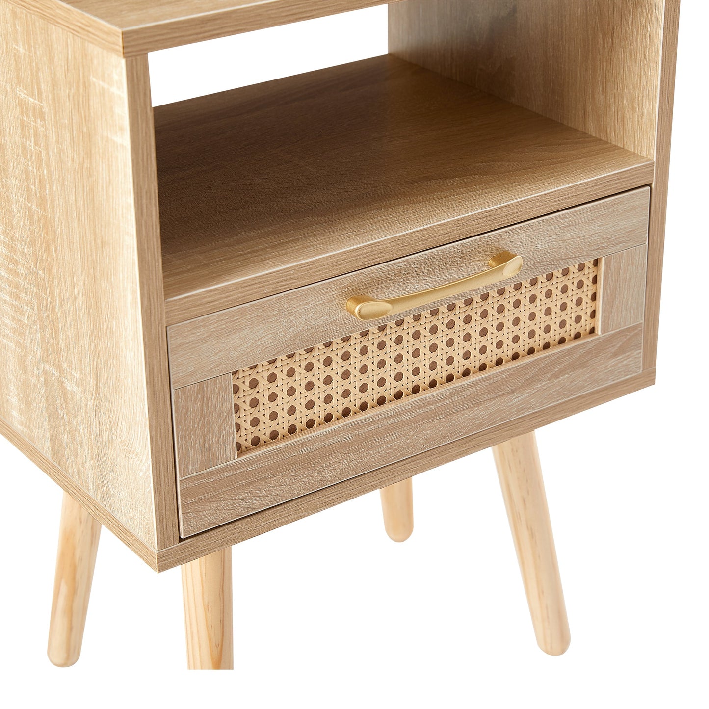 15.75" Rattan End table with Power Outlet & USB Ports  Modern nightstand with drawer and solid wood legs