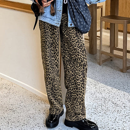 American retro leopard print casual pants with high waist design niche fashion loose and wide leg pants