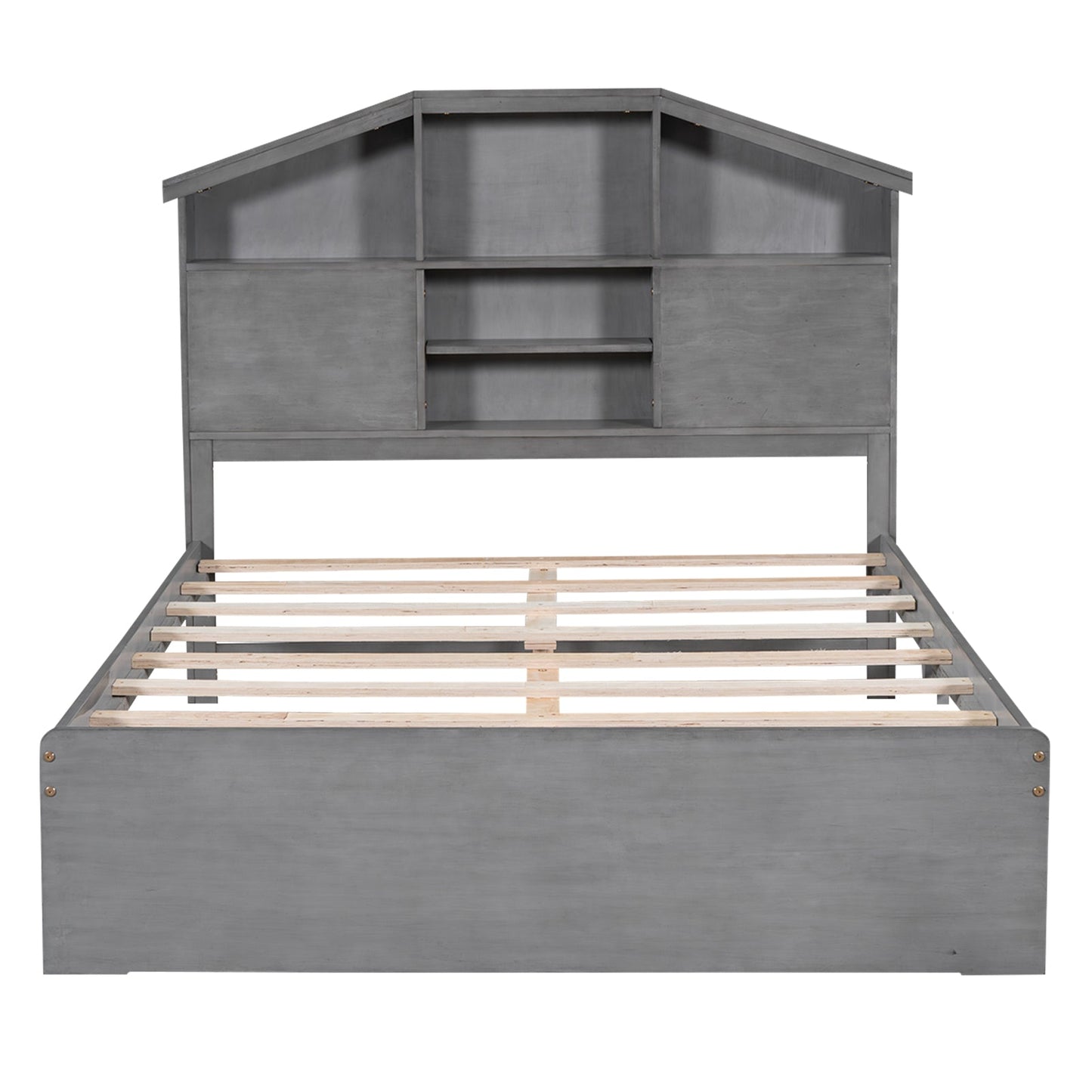Full Size Wood Platform Bed with House-shaped Storage Headboard and 2 Drawers Gray