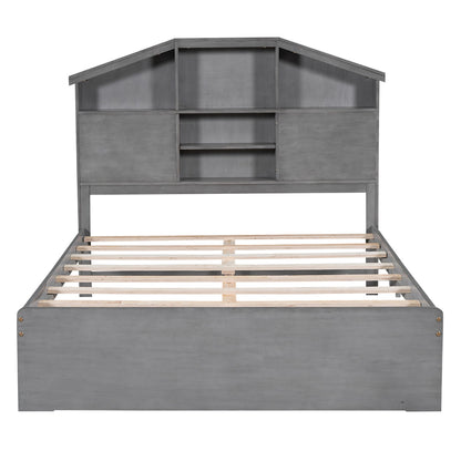 Full Size Wood Platform Bed with House-shaped Storage Headboard and 2 Drawers Gray