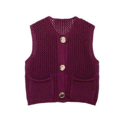Street Fashion Crochet Hollow Vest Solid Color Versatile Round Neck Jacket