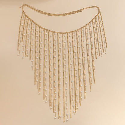 Fashionable electroplated metal aluminum chain geometric set clothing with simple tassel imitation pearl waist chain