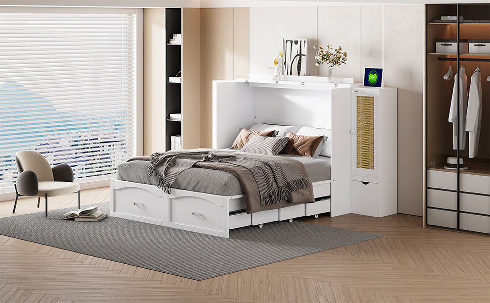 Large Murphy bed wall mounted bed with drawers, 2 storage cabinets, 1 set of sockets and USB ports, white