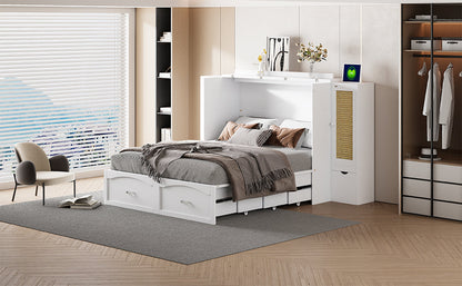 Large Murphy bed wall mounted bed with drawers, 2 storage cabinets, 1 set of sockets and USB ports, white