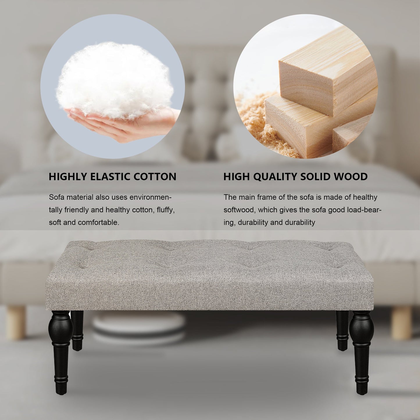 Ottoman Bench 4-thickened Roman Column Feet French Upholstered Bedside Bench For Bedroom Living Room Entryway