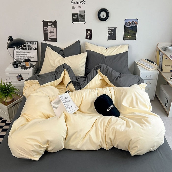 Washed Cotton Solid Color Double Spliced Four-Piece Bedding Set - Sheet, Quilt Cover, Pillowcases for Employee and Dormitory Use