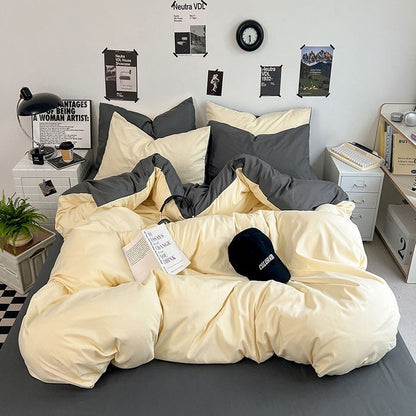 Washed Cotton Solid Color Double Spliced Four-Piece Bedding Set - Sheet, Quilt Cover, Pillowcases for Employee and Dormitory Use