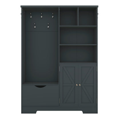 Multi-functional Hall Tree with Storage Shelves Drawers and Cabinet, Elegant Hallway Shoe Cabinet with Bench Antique Blue
