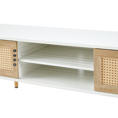 55.12" Rattan TV cabinet double sliding doors for storage adjustable shelf solid wood legs TV console for living room  White
