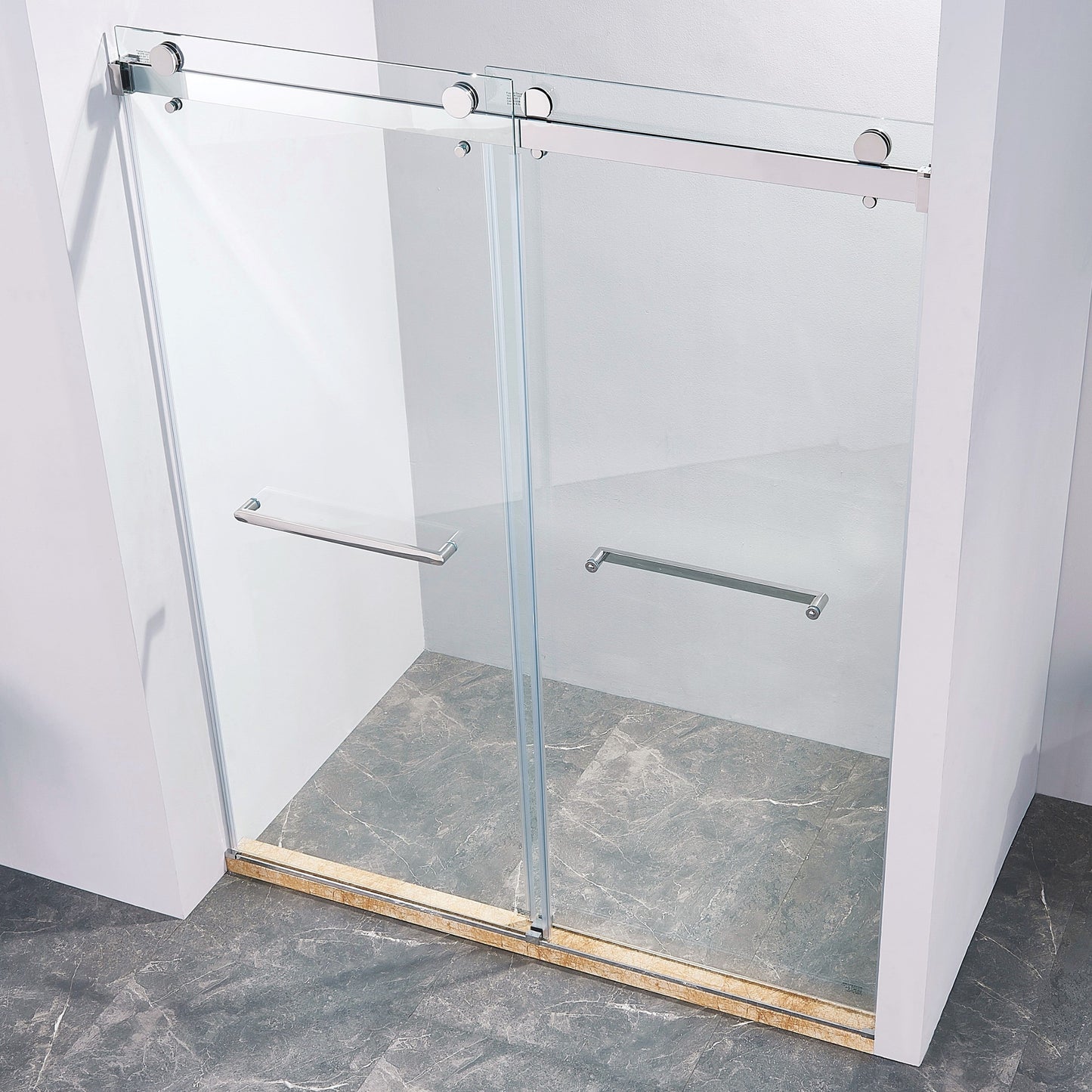 56-60 "wide x 75" high frameless double sliding shower door, 304 stainless steel chrome plated, 8mm thick SGCC tempered transpar