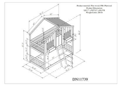 Twin over Twin House Bunk Bed with Roof , Window, Window Box, Door , with Safety Guardrails and Ladder, Grey