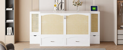 Large Murphy bed wall mounted bed with drawers, 2 storage cabinets, 1 set of sockets and USB ports, white