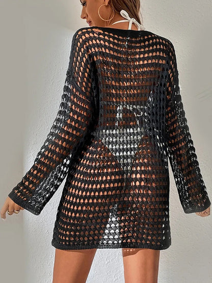 Knitted hollowed out pullover round neck long sleeved bikini swimsuit cover