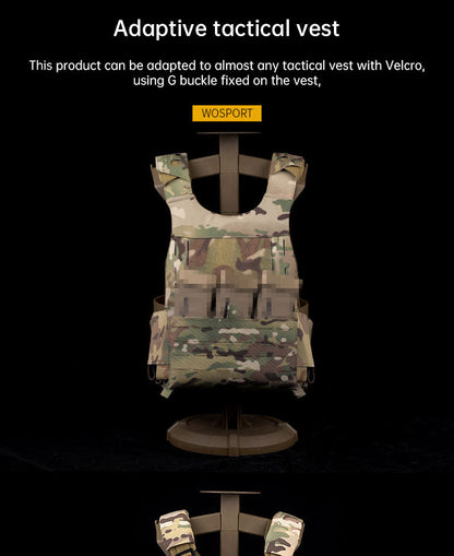 WoSporT can accommodate three 5.56 (or two 7.62) inner pockets with built-in function cover camouflage front panel