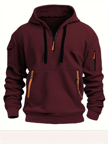 Half zip hoodie hooded sweatshirt with multiple pockets zipper pullover for men's sports and casual sweatshirt for men
