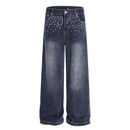 Street Design Floral Embroidered Denim Wide-Leg Long Pants Men's Vibe Trendy Washed Distressed Straight Leg Trousers