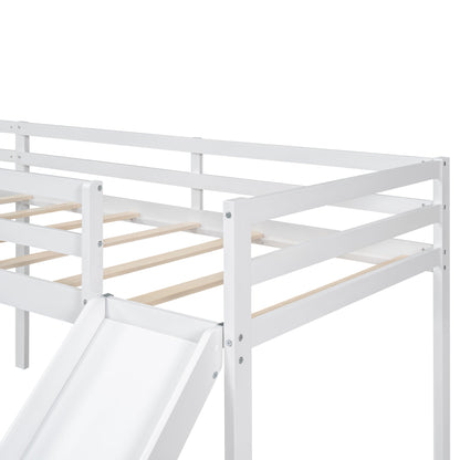 L-Shaped Twin Size Loft Bed with Ladder and Slide, White