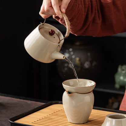 Ru Kiln Chinese Kung Fu Tea Set Household Ceramic Xishi Pot Hovering Cover Bowl Tea Cup Set