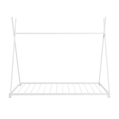 Metal Twin Size House Platform Bed with Triangle Structure  White