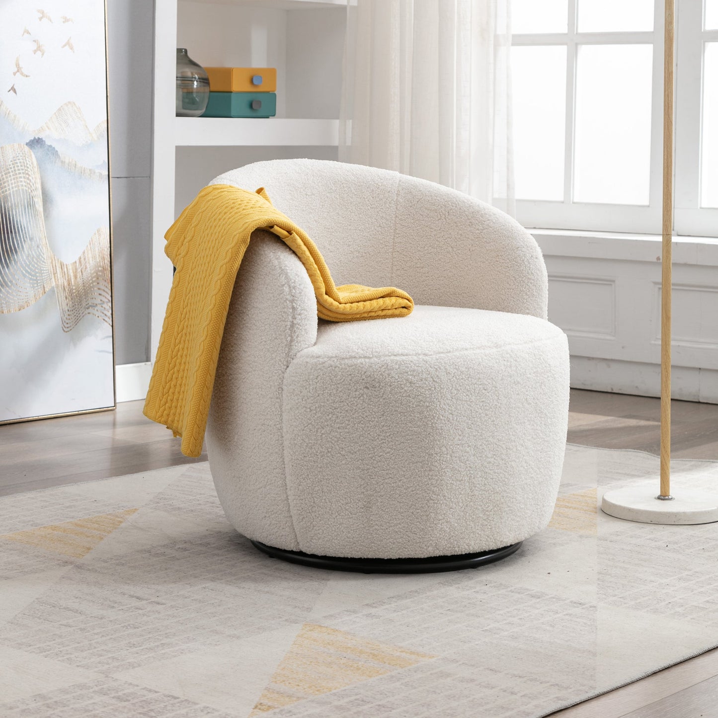 Teddy Fabric Swivel Accent Armchair Barrel Chair With Black Powder Coating Metal Ring Ivory White