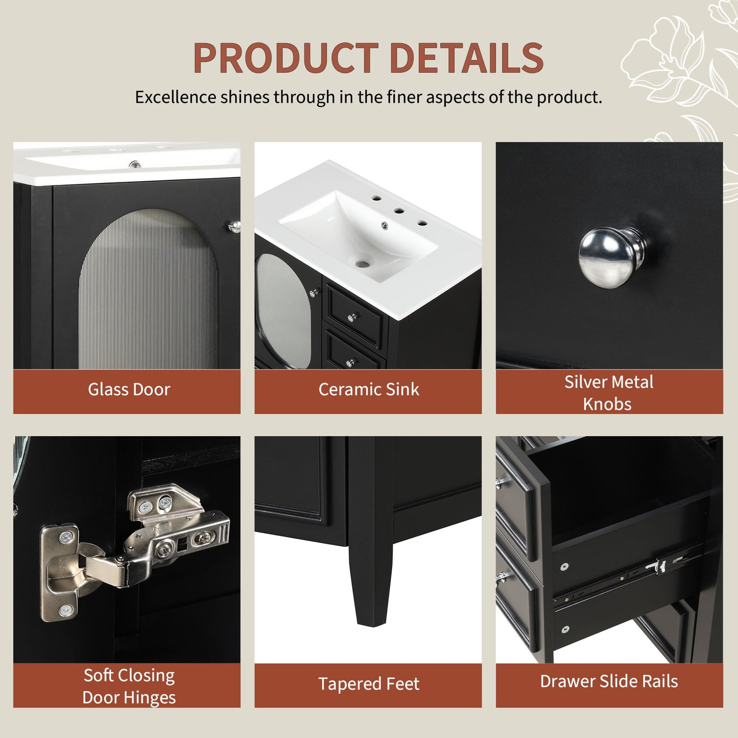 30" Bathroom Vanity with Sink, Bathroom Vanity Cabinet with Three Drawers and Door, Solid Wood and MDF, Black