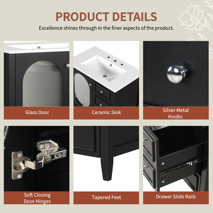 30" Bathroom Vanity with Sink, Bathroom Vanity Cabinet with Three Drawers and Door, Solid Wood and MDF, Black