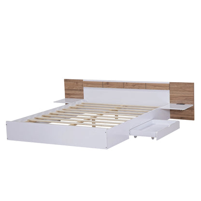Queen Size Platform Bed with Headboard, Drawers, Shelves, USB Ports and Sockets  White