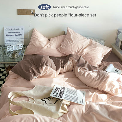 Solid Color Simple Four-Piece Set Flannel Quilt Cover INS Style Quilt Cover Dormitory Summer Washed Cotton Bedding Three-Piece Set