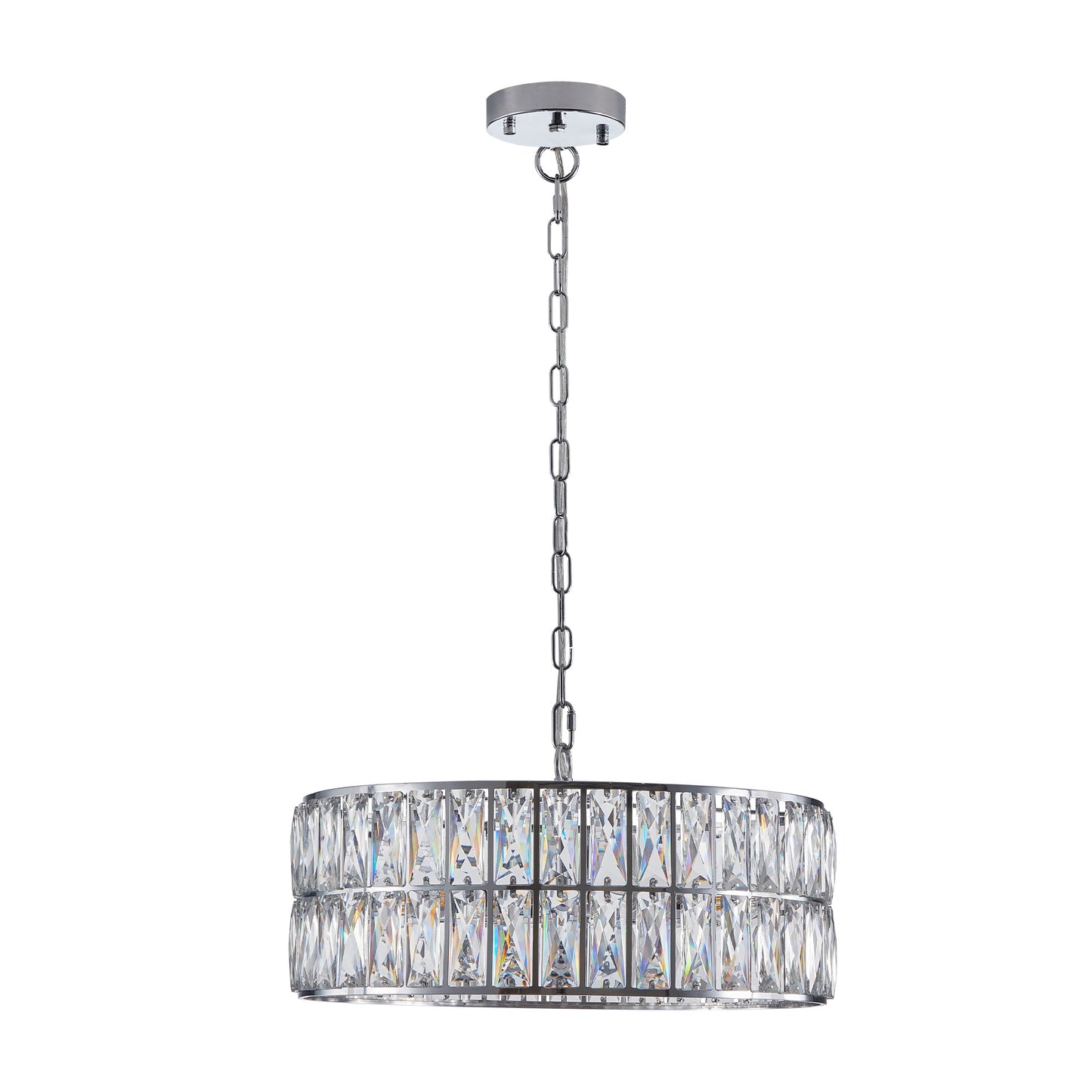 Modern crystal drum pendant light, 6-light pendant light, with silver metal frame (excluding light bulb)