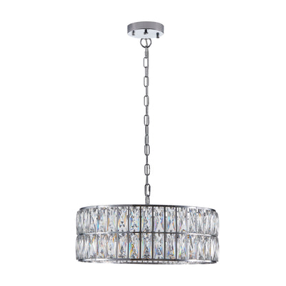 Modern crystal drum pendant light, 6-light pendant light, with silver metal frame (excluding light bulb)