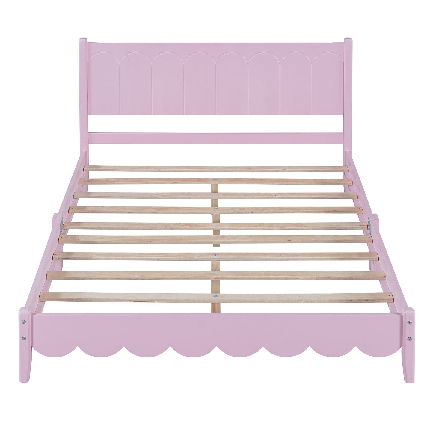 Full Size Wood Platform Bed Frame, Retro Style Bed with Rectangular Headboard,No Need Box Spring,Pink