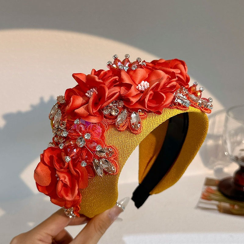 Fashionable solid color fabric flower oversized wide edged crystal headband
