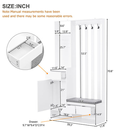 39.3'W70.8'H multifunctional corridor shoe cabinet with soft padded nail board and white clothes hanger with entrance hook