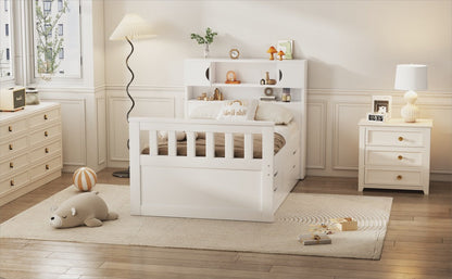Twin Size Captain Platform Bed Frame with Storage Bookcases and Shelves,Four Drawers,White