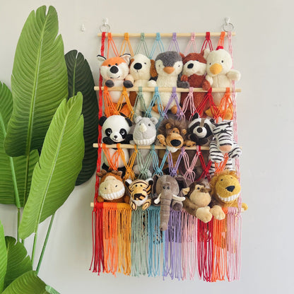 Simple decoration of shelves for children's rooms book ornaments wooden sticks 3-layer plush Bohemian toy storage net bag